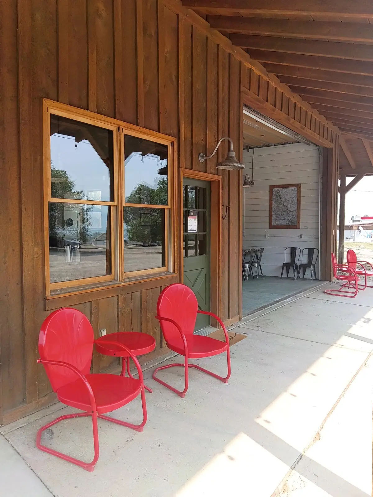 Covered outdoor seating at State Shed Pizza